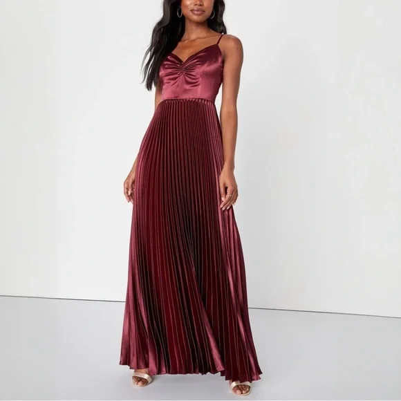 Lulus | Dresses | Nwt Lulus Exceptional Sophistication Satin Pleated Maxi  Dress In Burgundy | Poshmark